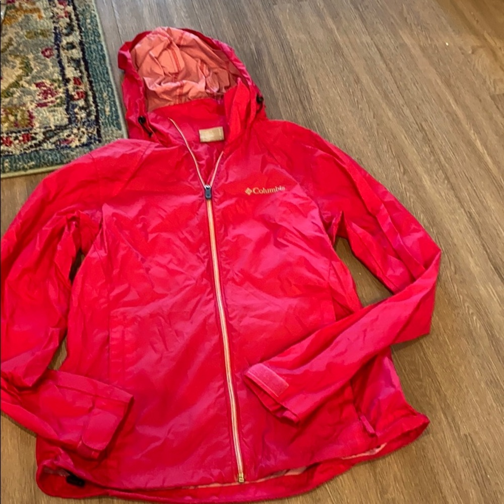hot pink Columbia rain jacket